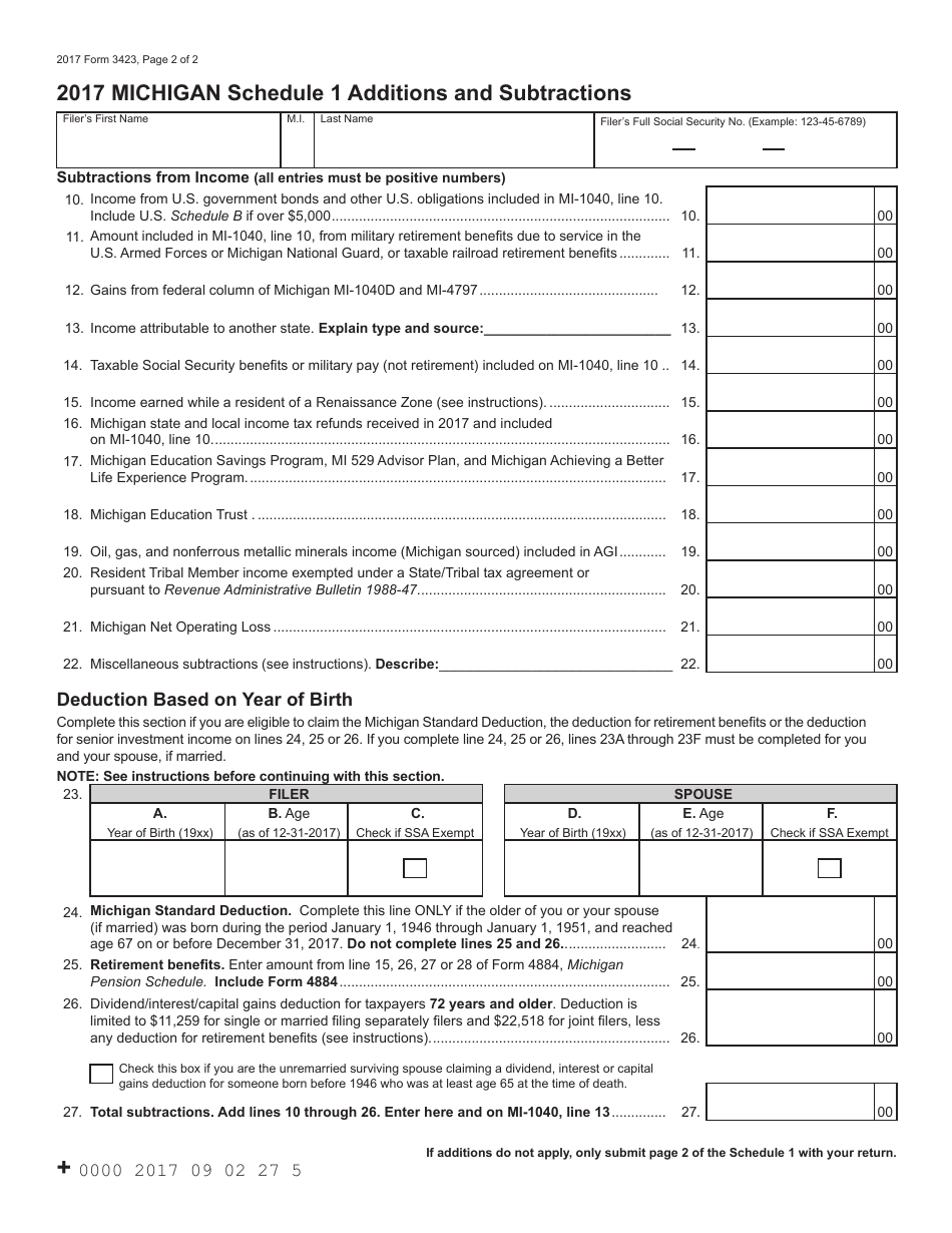 Form 3423 Schedule 1 Additions and Subtractions - Michigan, Page 2