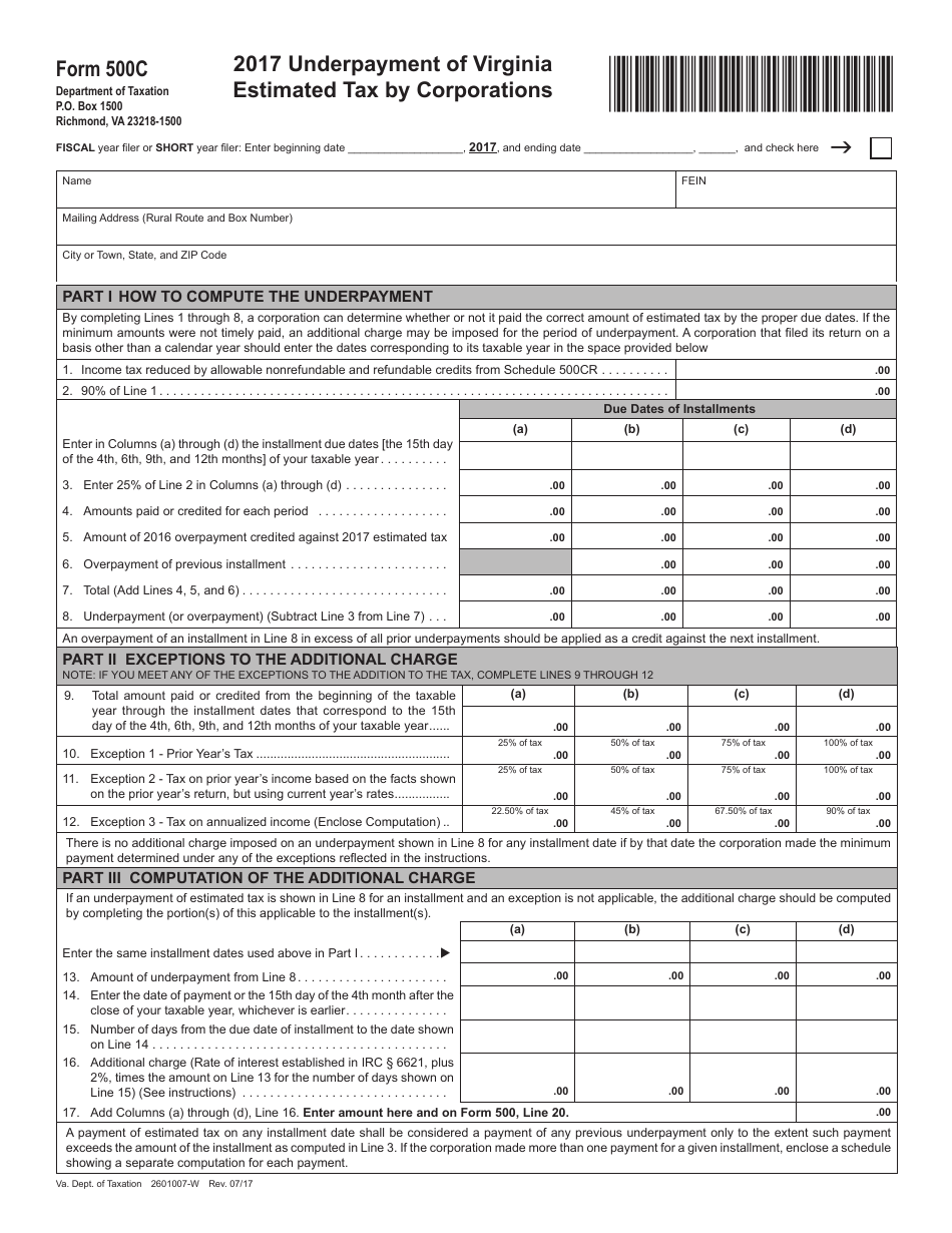 Form 500C Underpayment of Virginia Estimated Tax by Corporations - Virginia, Page 1