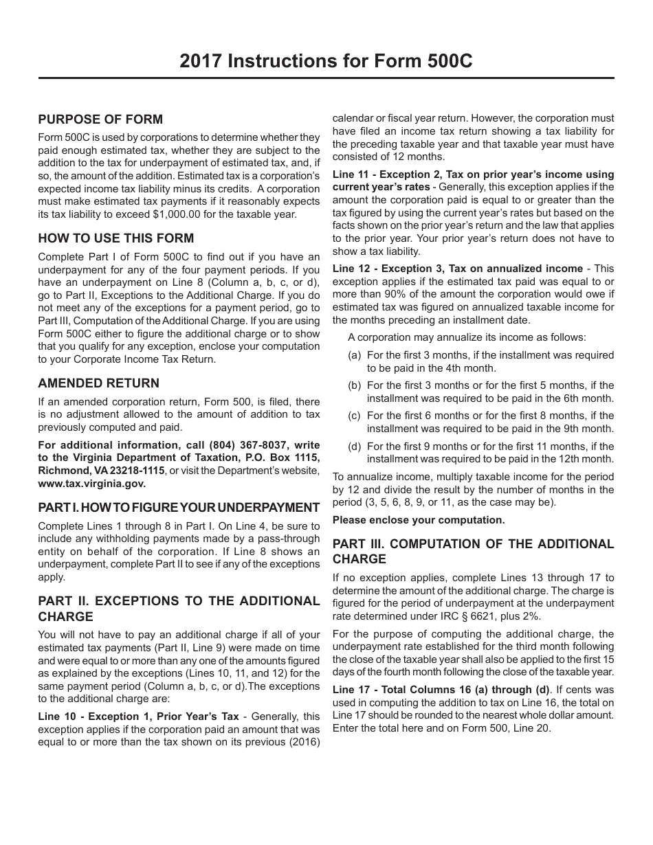 Form 500C Underpayment of Virginia Estimated Tax by Corporations - Virginia, Page 2