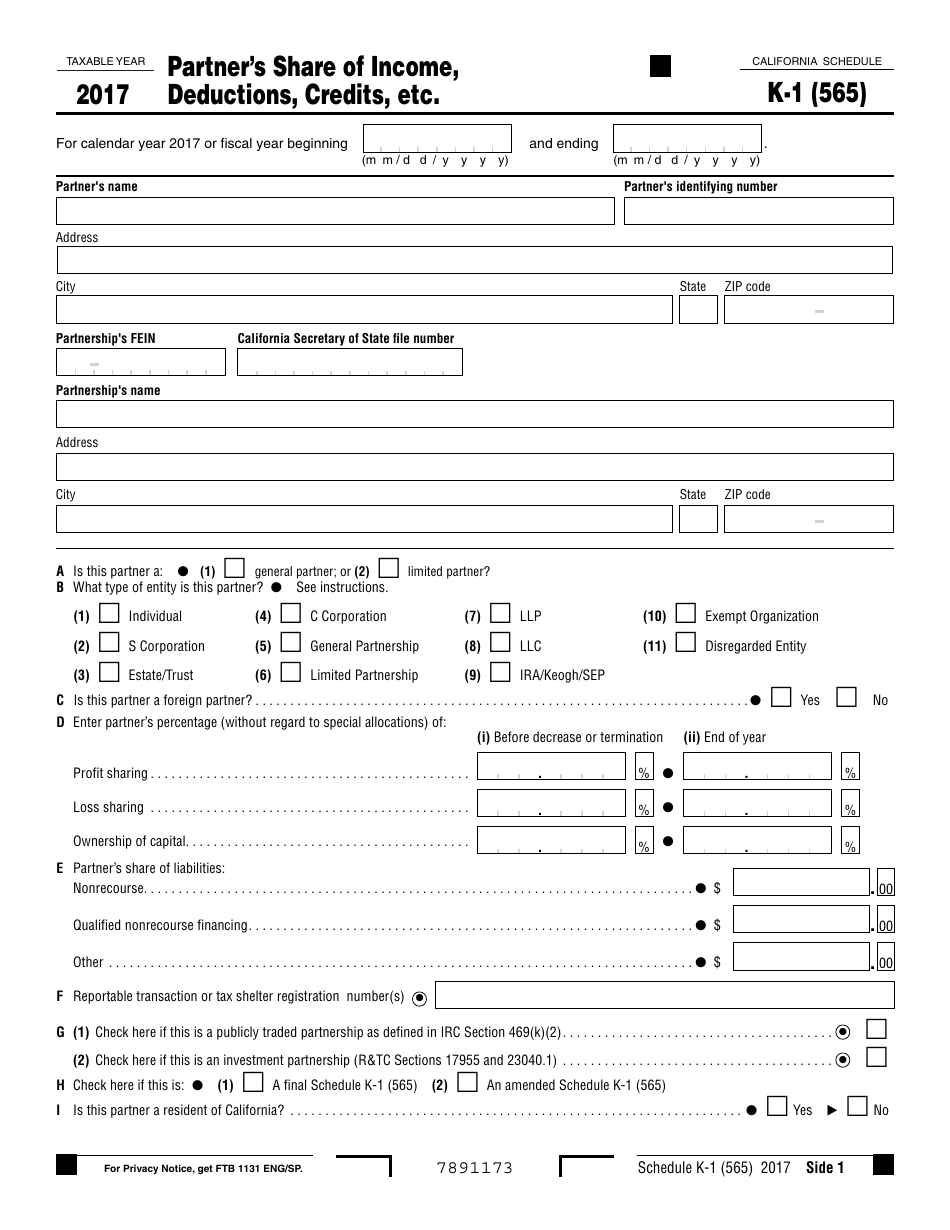 Form 565 Schedule K-1 Partners Share of Income, Deductions, Credits, Etc. - California, Page 1
