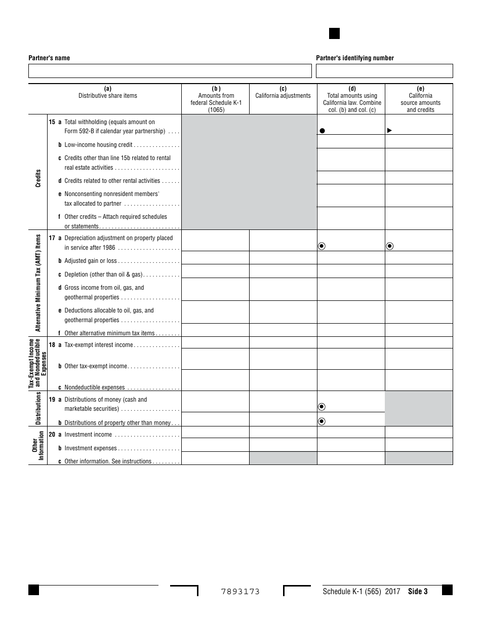 Form 565 Schedule K-1 Partners Share of Income, Deductions, Credits, Etc. - California, Page 3