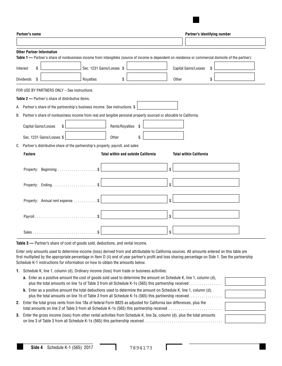 Form 565 Schedule K-1 Partners Share of Income, Deductions, Credits, Etc. - California, Page 4