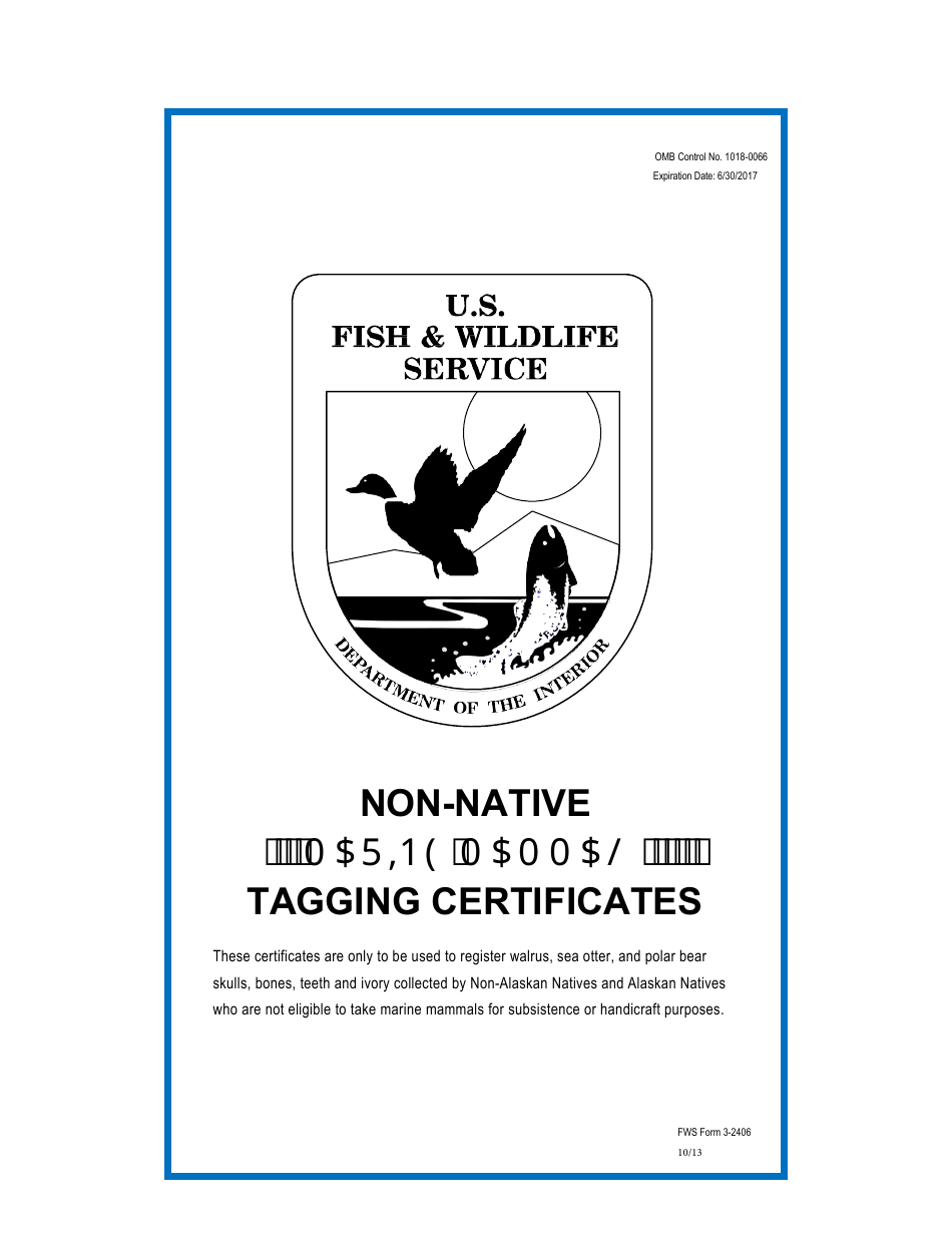 FWS Form 3-2406 Non-native Marine Mammal Tagging Certificates, Page 1