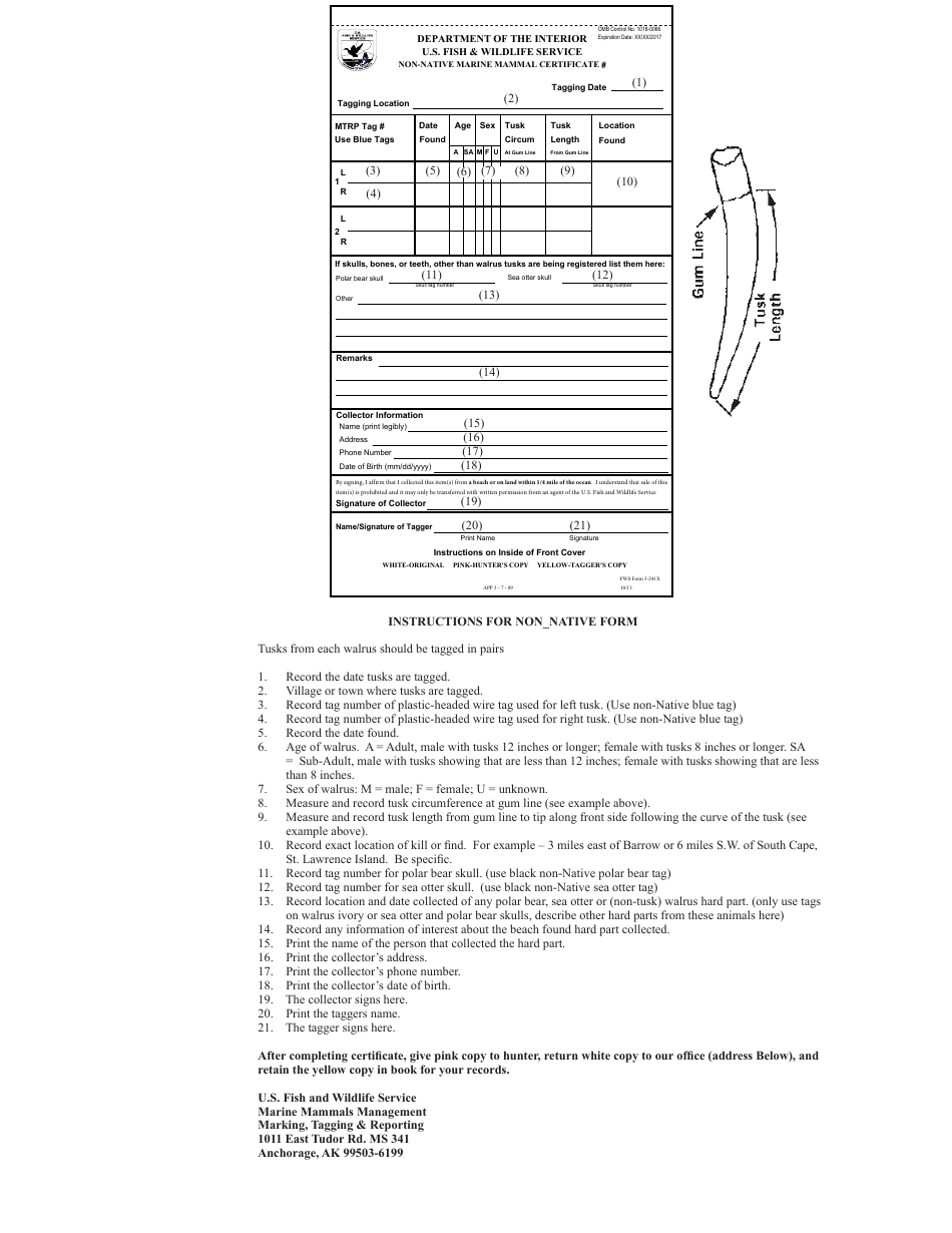 FWS Form 3-2406 Non-native Marine Mammal Tagging Certificates, Page 2