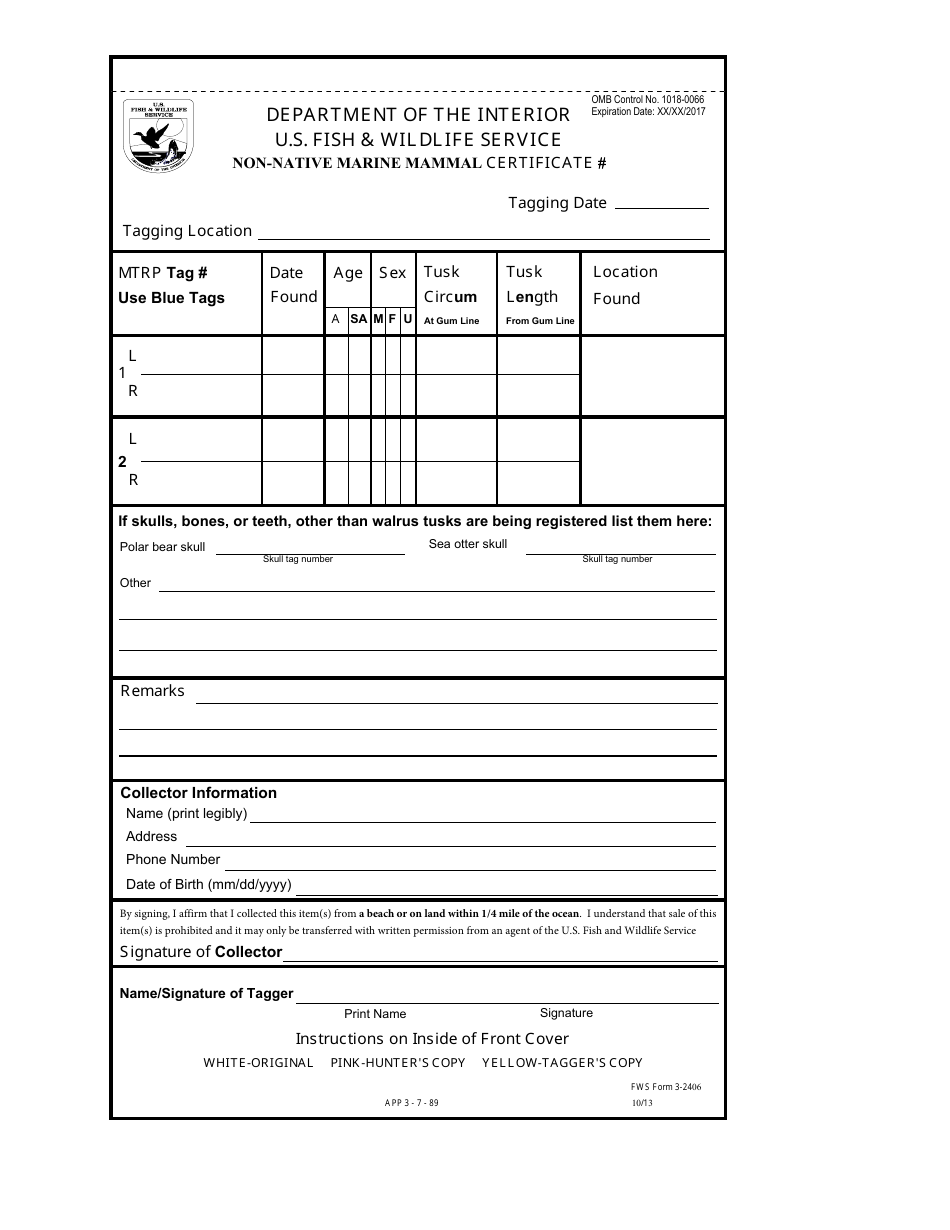 FWS Form 3-2406 Non-native Marine Mammal Tagging Certificates, Page 3