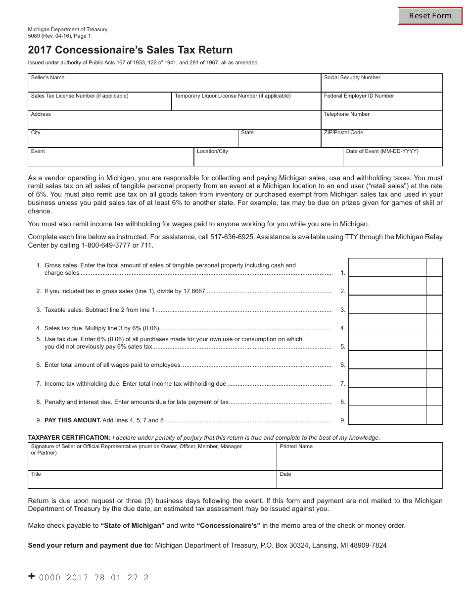 Form 5089 Concessionaires Sales Tax Return - Michigan, Page 1