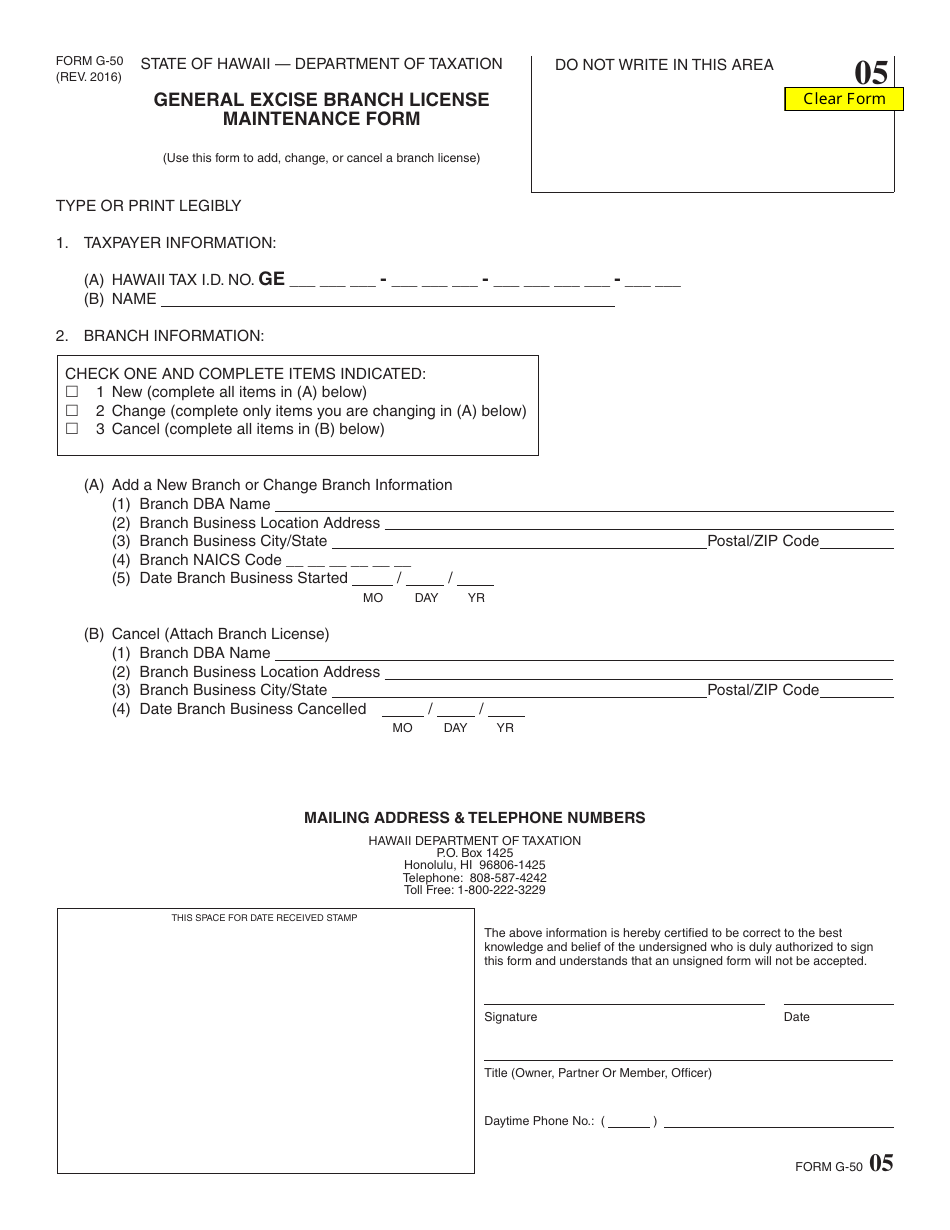 Form G-50 General Excise Branch License Maintenance Form - Hawaii, Page 1
