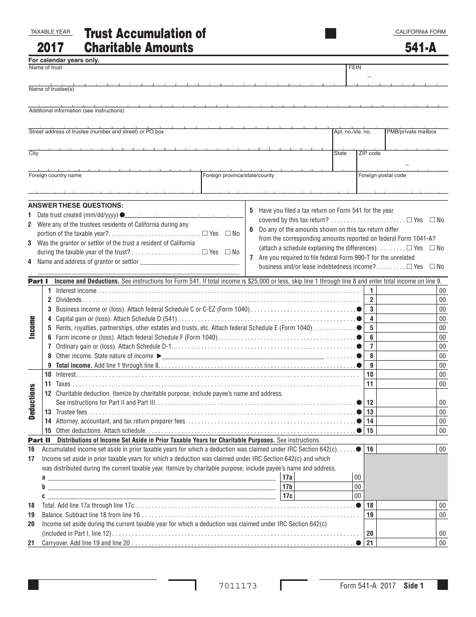Form 541-A Trust Accumulation of Charitable Amounts - California, Page 1