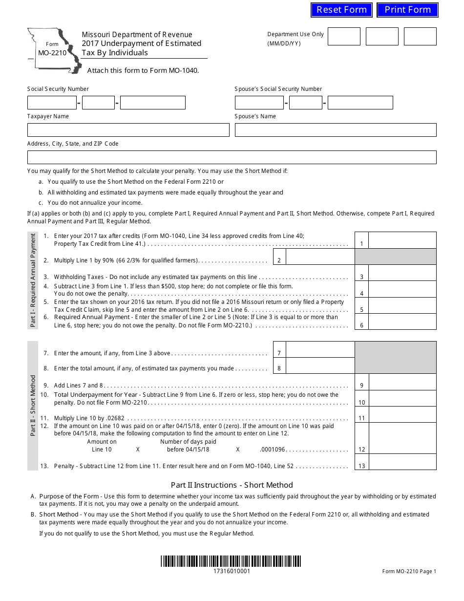 Form MO-2210 Underpayment of Estimated Tax by Individuals - Missouri, Page 1