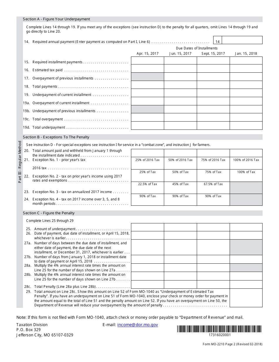 Form MO-2210 Underpayment of Estimated Tax by Individuals - Missouri, Page 2