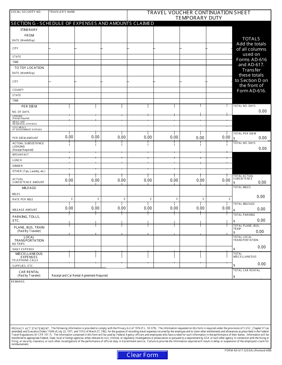 Form AD-617 Travel Voucher Continuation Sheet - Temporary Duty, Page 1