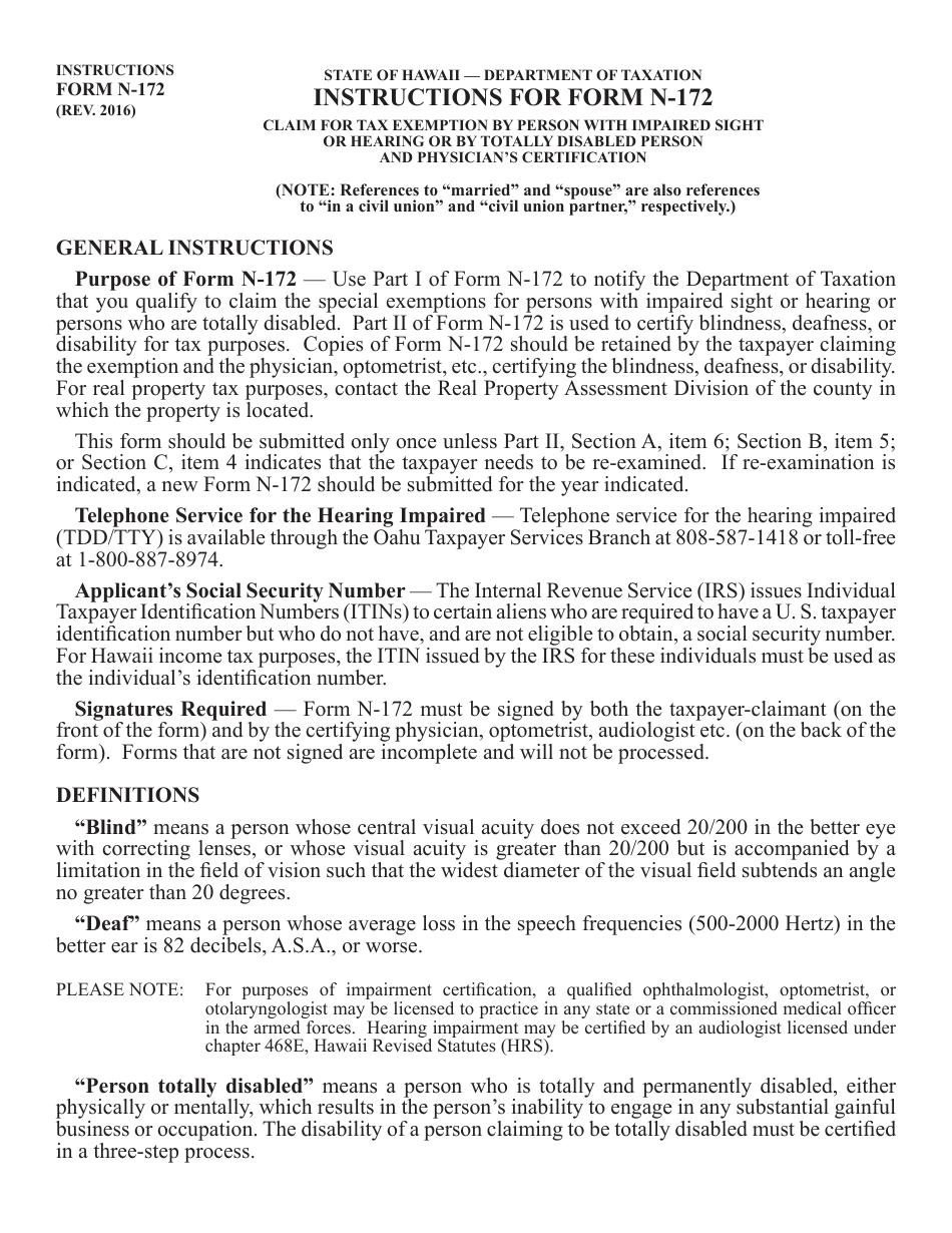 Instructions for Form N-172 Claim for Tax Exemption by Person With Impaired Sight or Hearing or by Totally Disabled Person and Physicians Certification - Hawaii, Page 1