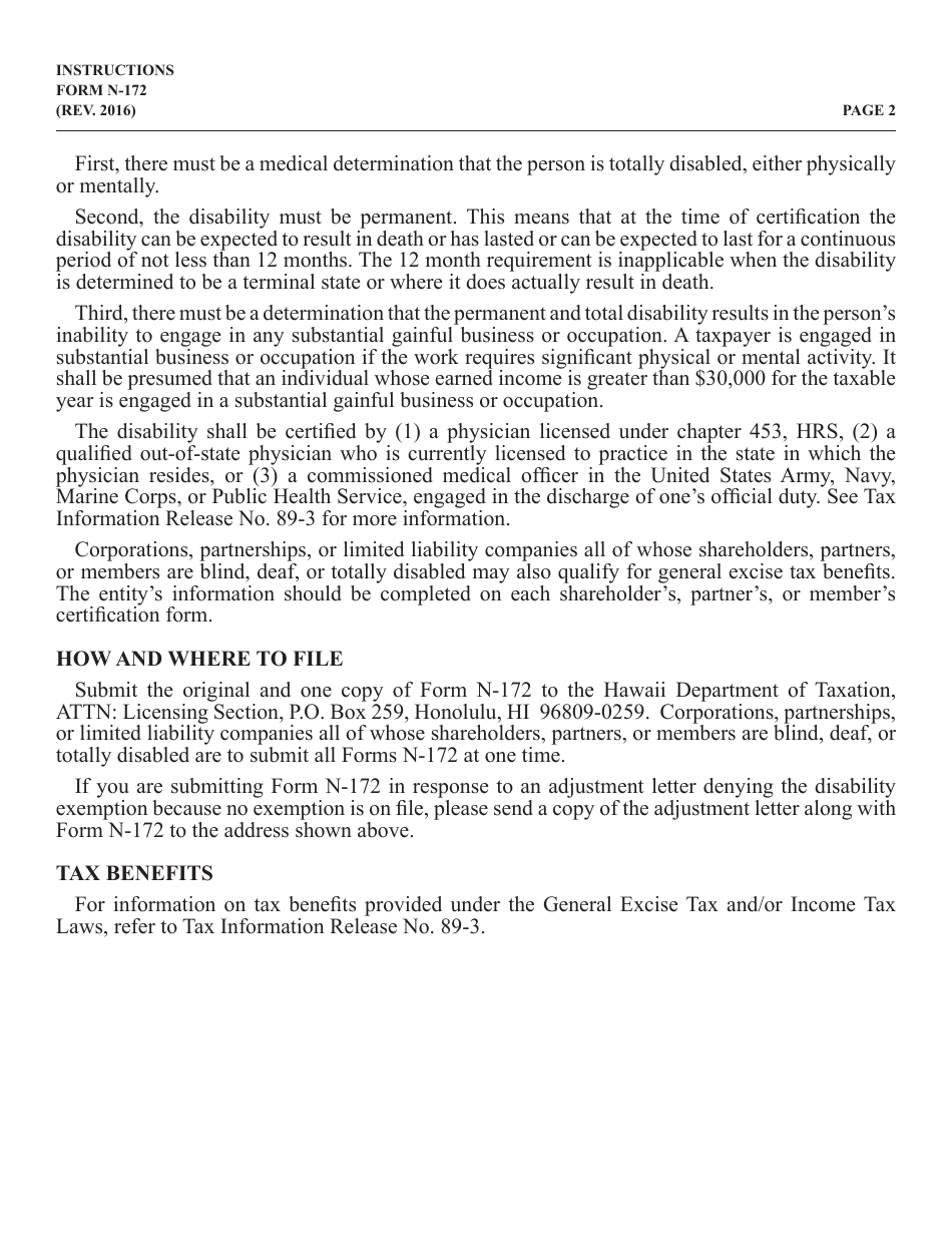 Instructions for Form N-172 Claim for Tax Exemption by Person With Impaired Sight or Hearing or by Totally Disabled Person and Physicians Certification - Hawaii, Page 2