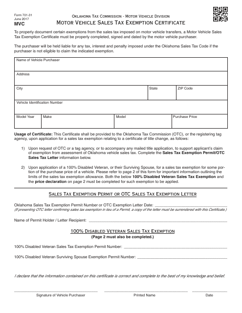 OTC Form 701-31  Printable Pdf