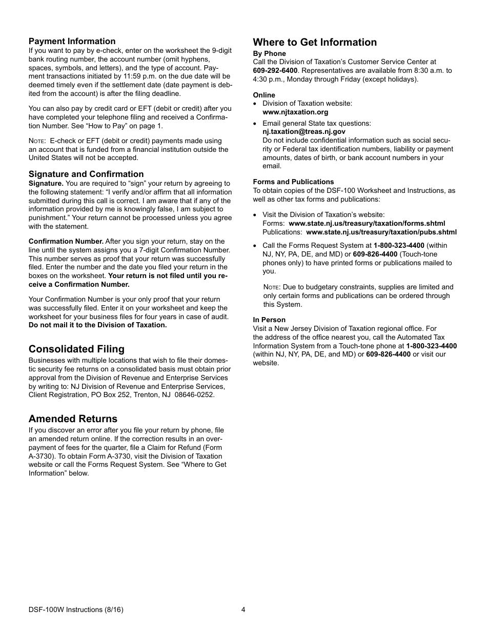 Instructions for Form DSF-100 Quarterly Return - New Jersey, Page 4