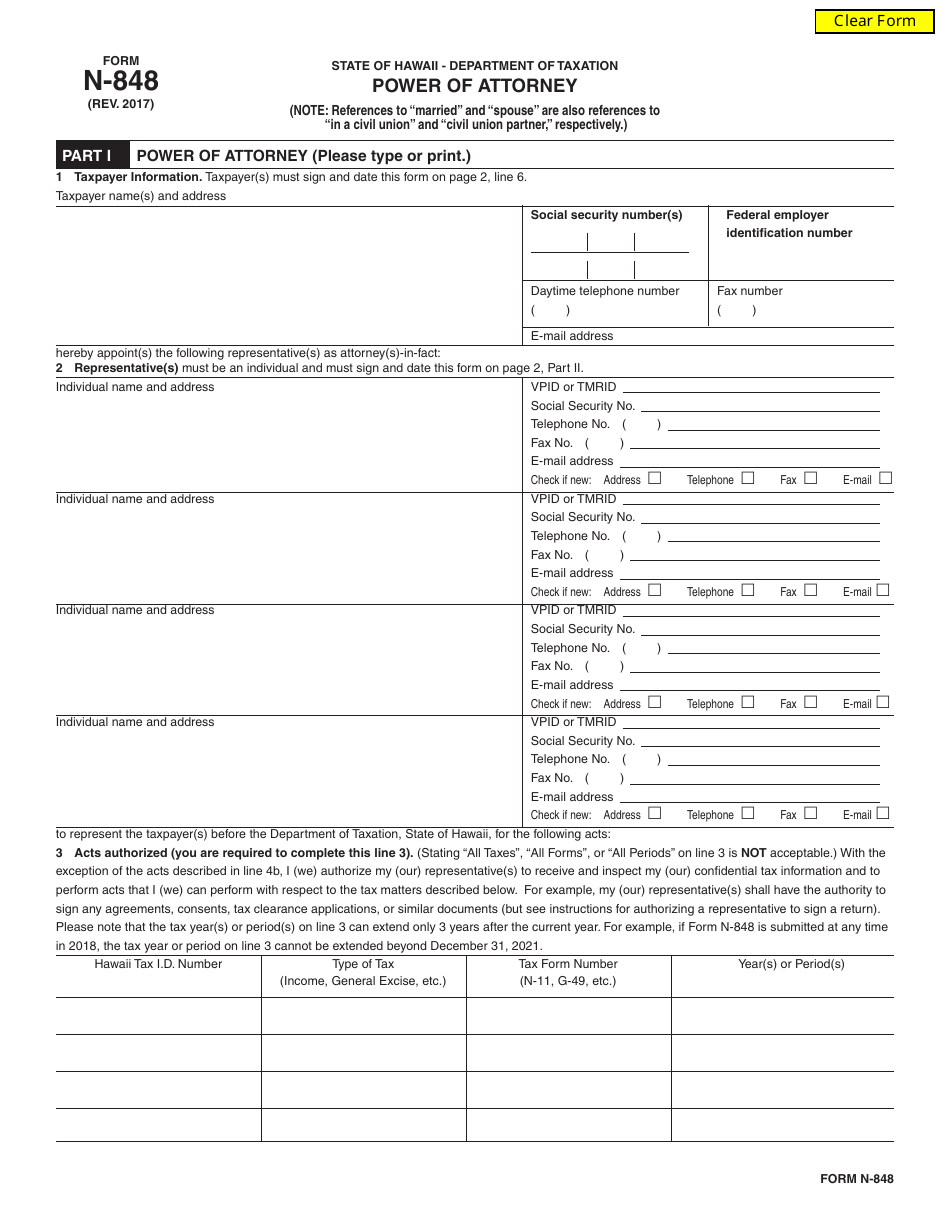 Form N-848 Power of Attorney - Hawaii, Page 1