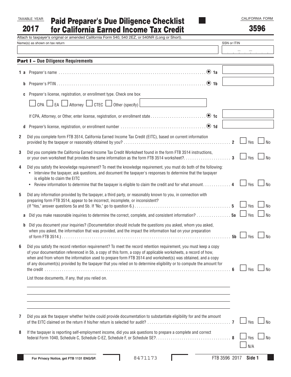 Form FTB3596 Paid Preparers Due Diligence Checklist for California Earned Income Tax Credit - California, Page 1