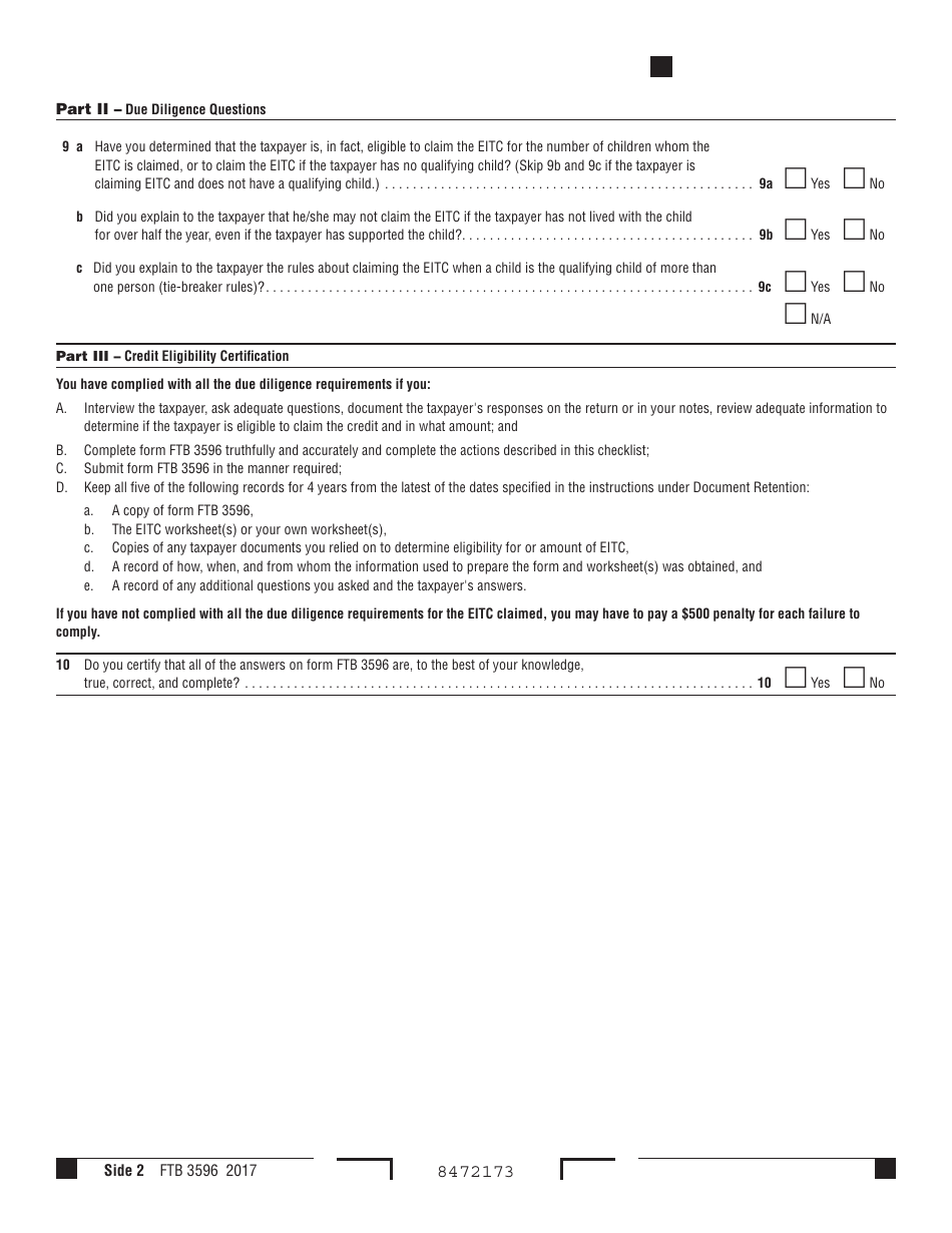 Form FTB3596 Paid Preparers Due Diligence Checklist for California Earned Income Tax Credit - California, Page 2