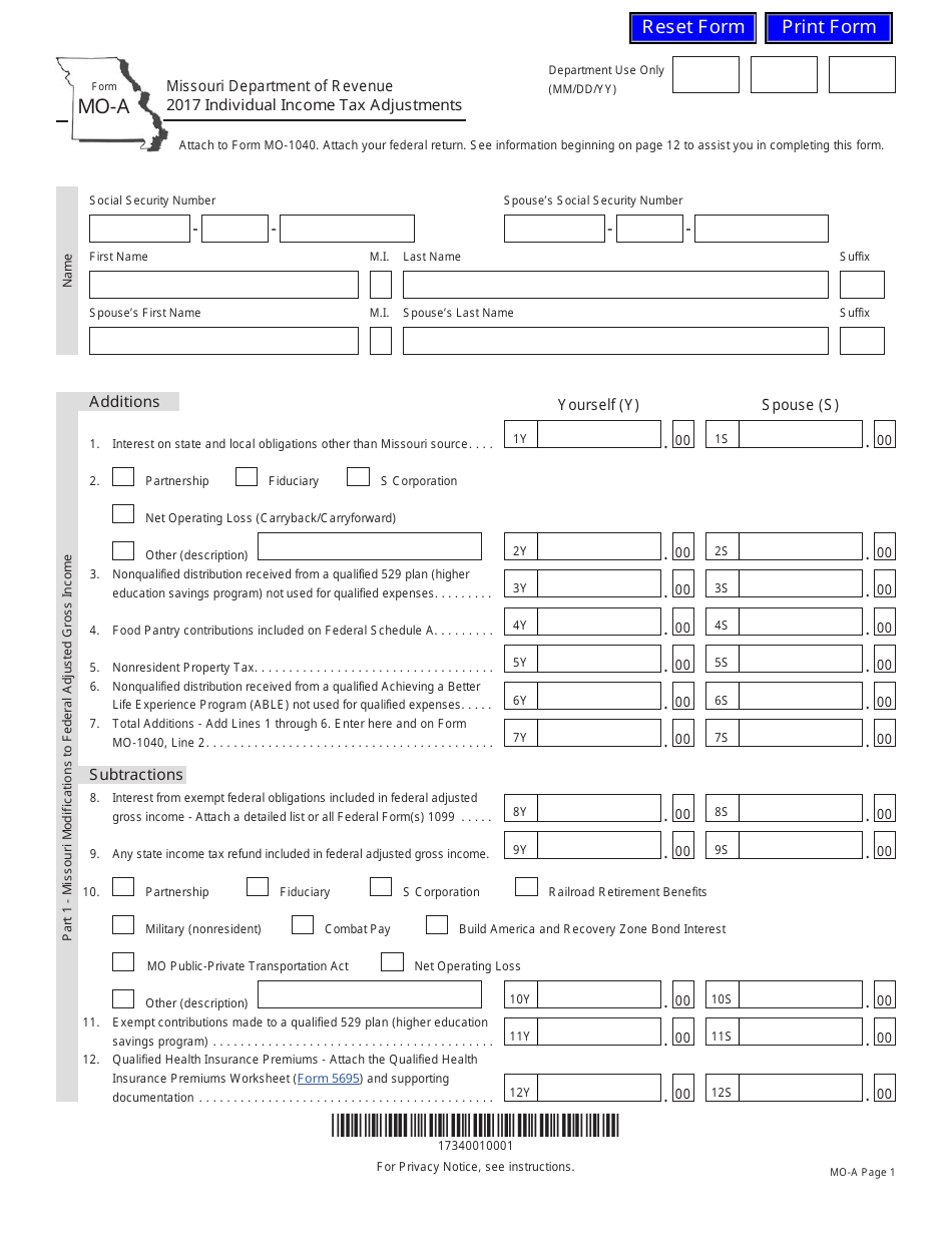 Form MO-A Individual Income Tax Adjustments - Missouri, Page 1