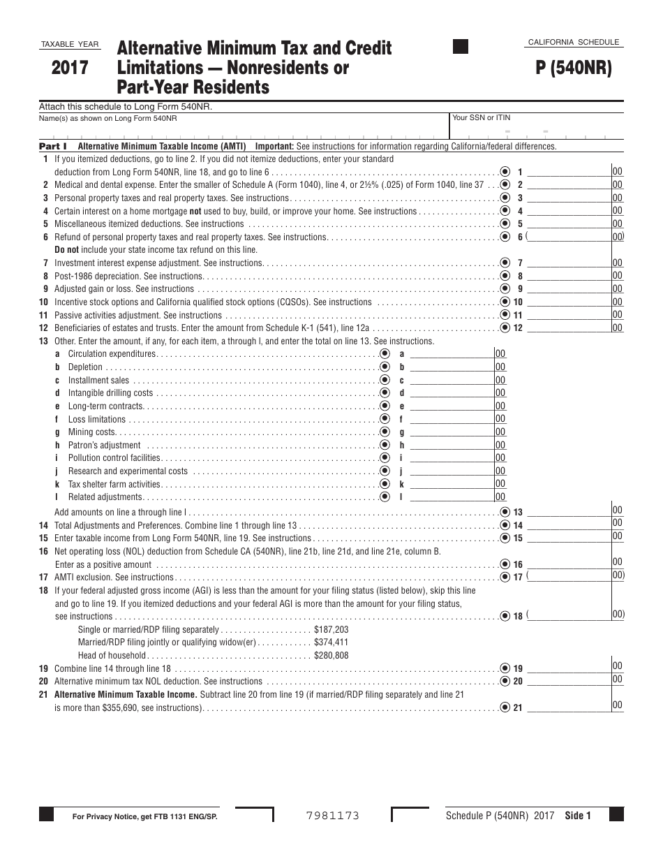 Form 540NR Schedule P Alternative Minimum Tax and Credit Limitations - Nonresidents or Part-Year Residents - California, Page 1
