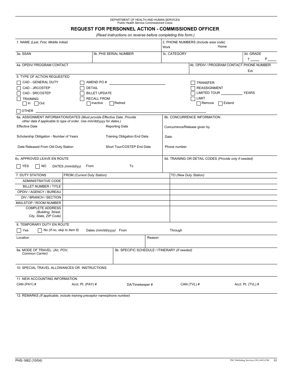 Form PHS-1662 Request for Personnel Action - Commissioned Officer, Page 1