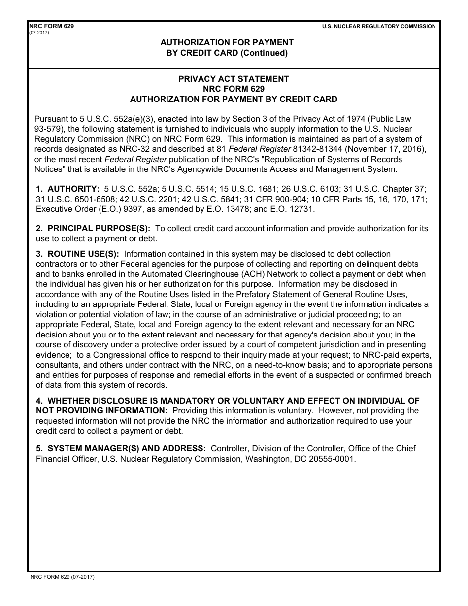 NRC Form 629 Authorization for Payment by Credit Card, Page 2