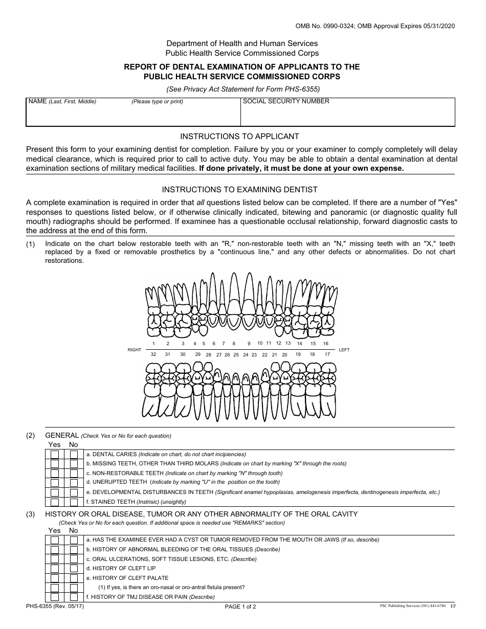 Form PHS-6355 Report of Dental Examination of Applicants to the Public Health Service Commissioned Corps, Page 1