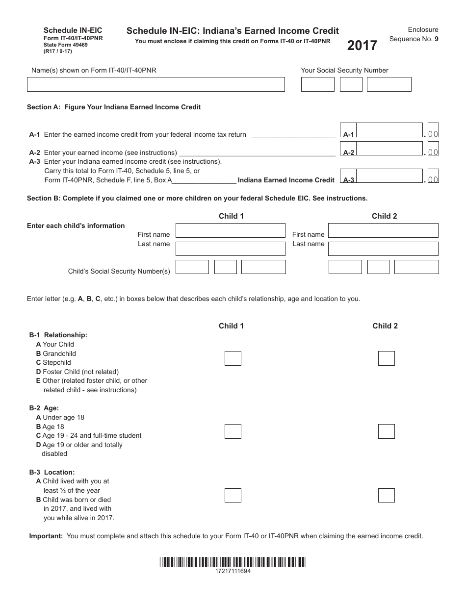 Form IT-40 / 40PNR Schedule IN-EIC Indianas Earned Income Credit - Indiana, Page 1