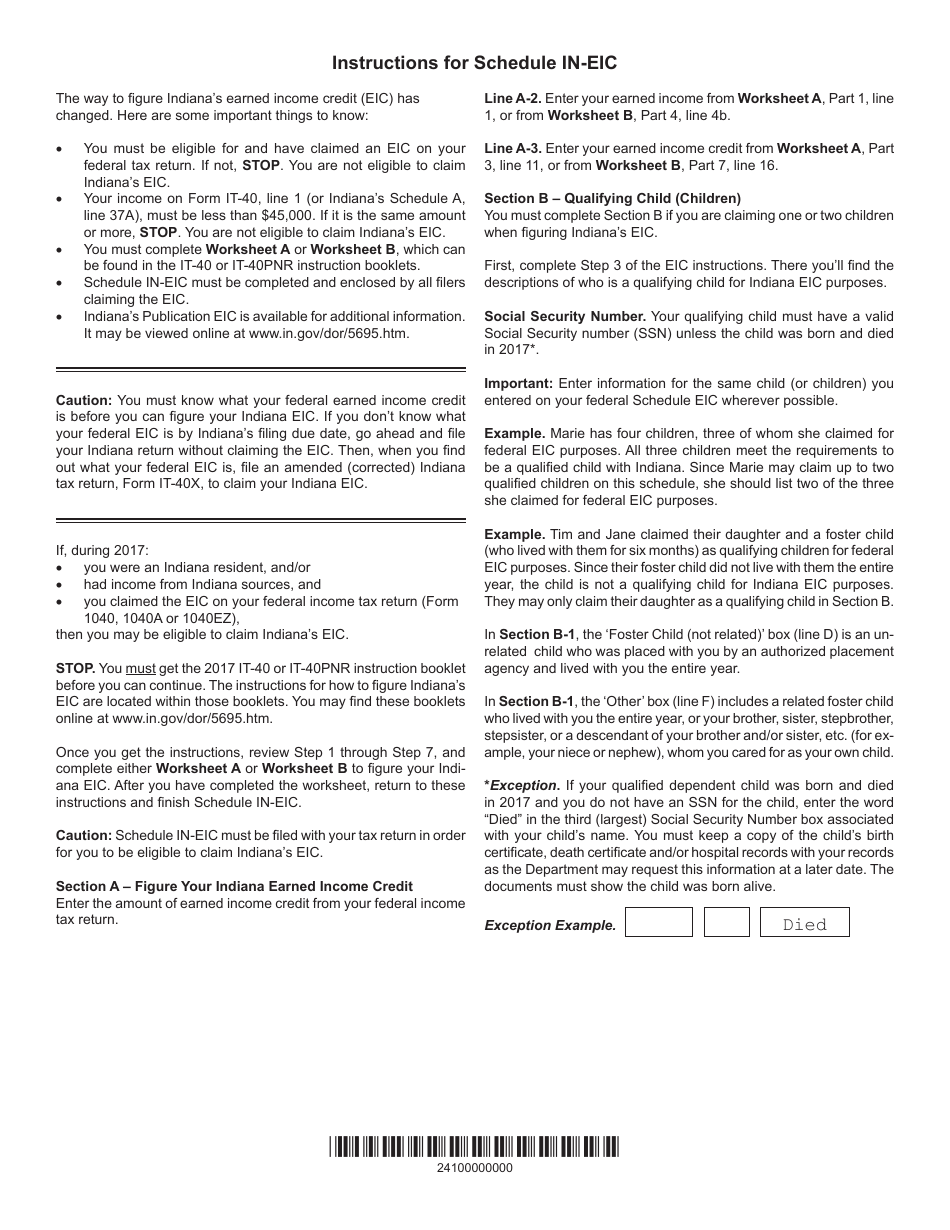 Form IT-40 / 40PNR Schedule IN-EIC Indianas Earned Income Credit - Indiana, Page 2