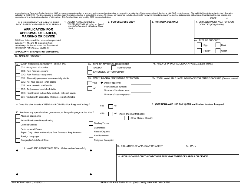 FSIS Form 7234-1 Application for Approval of Labels, Marking or Device