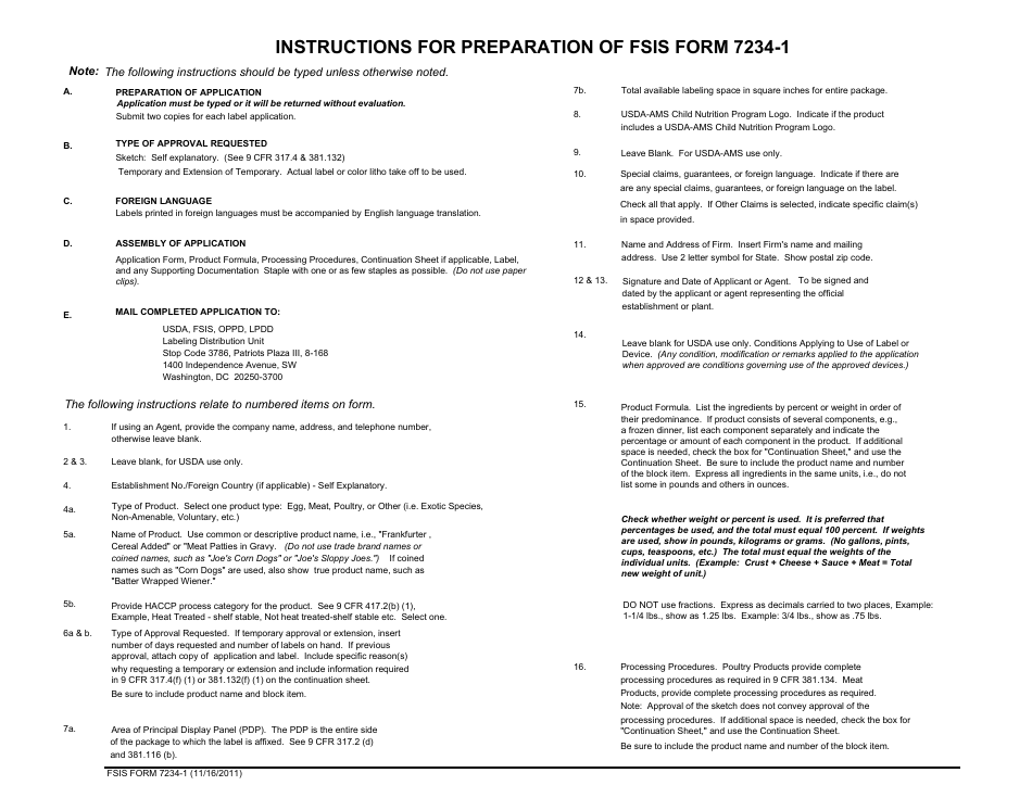 FSIS Form 7234-1 Application for Approval of Labels, Marking or Device, Page 5