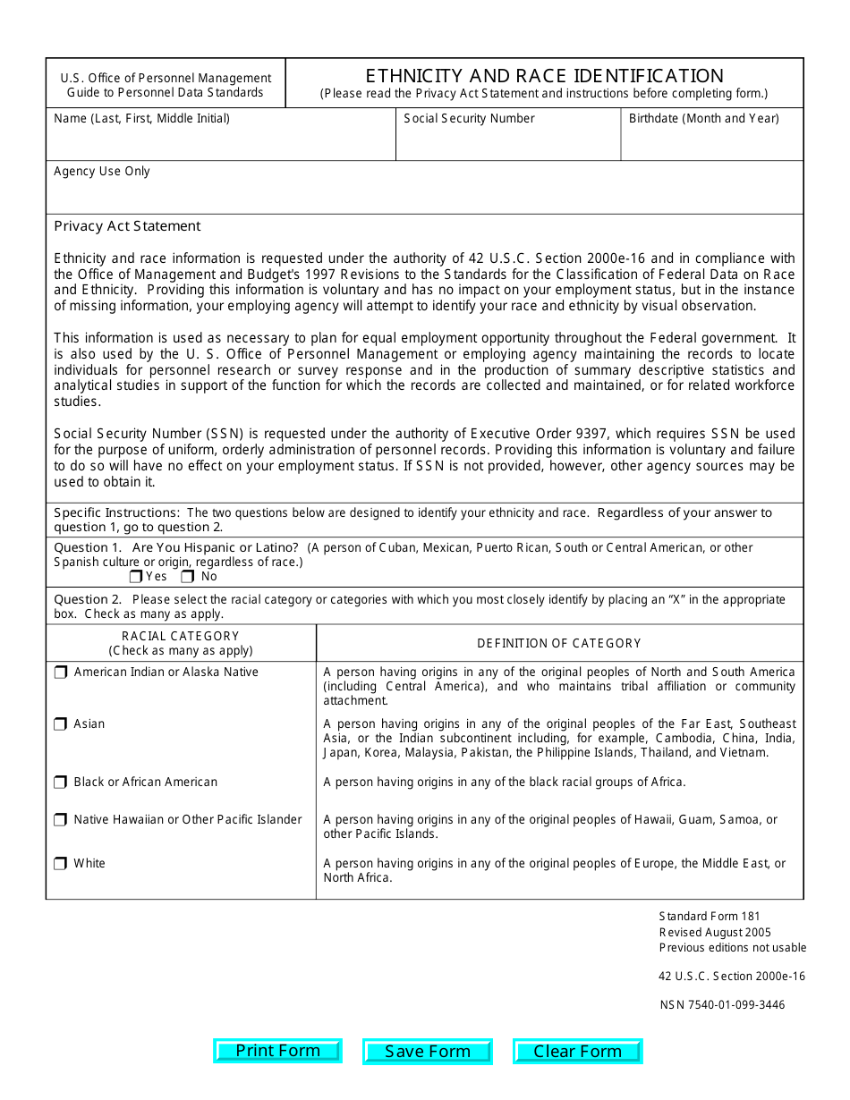 OPM Form SF-181 Ethnicity and Race Identification, Page 1
