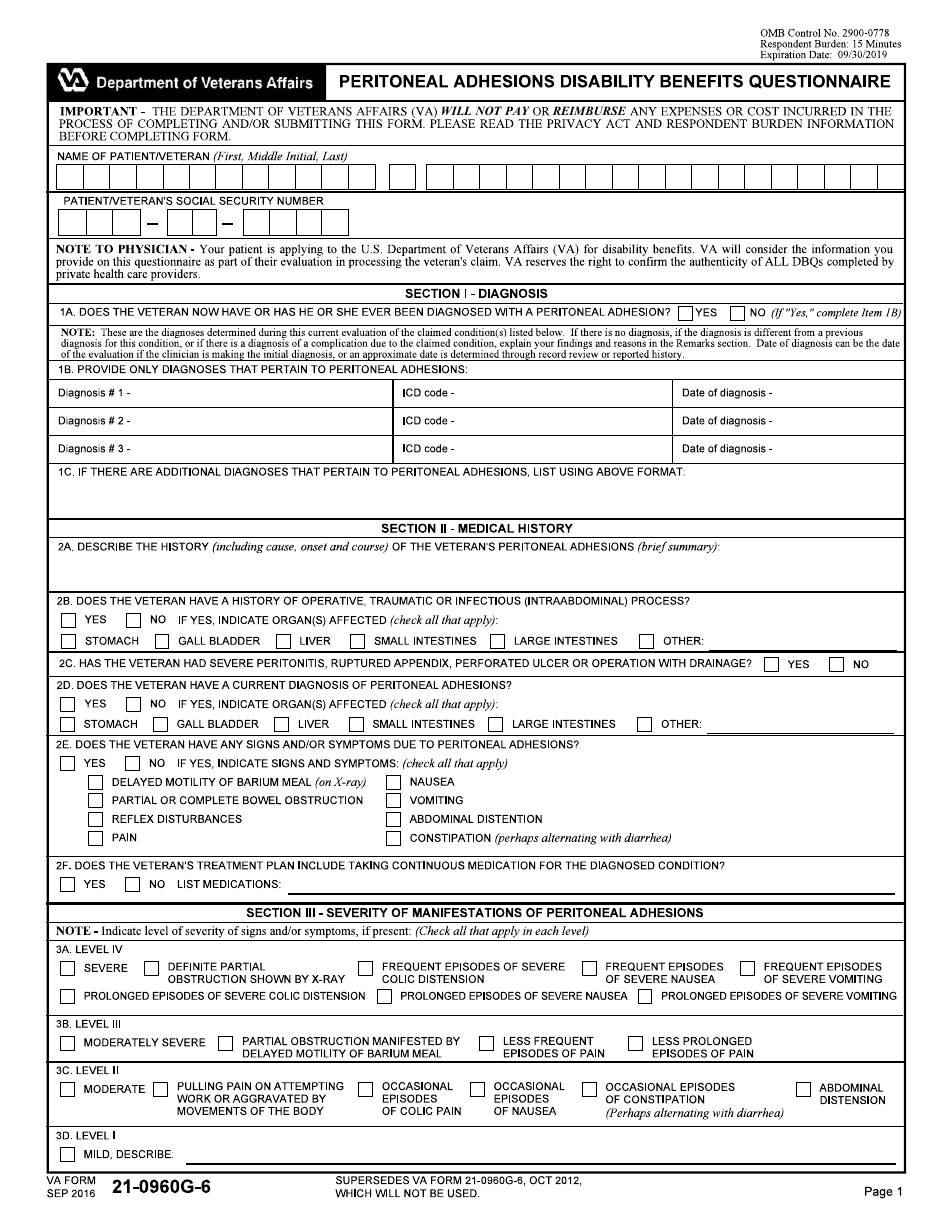 VA Form 21-0960G-6 Peritoneal Adhesions Disability Benefits Questionnaire, Page 1