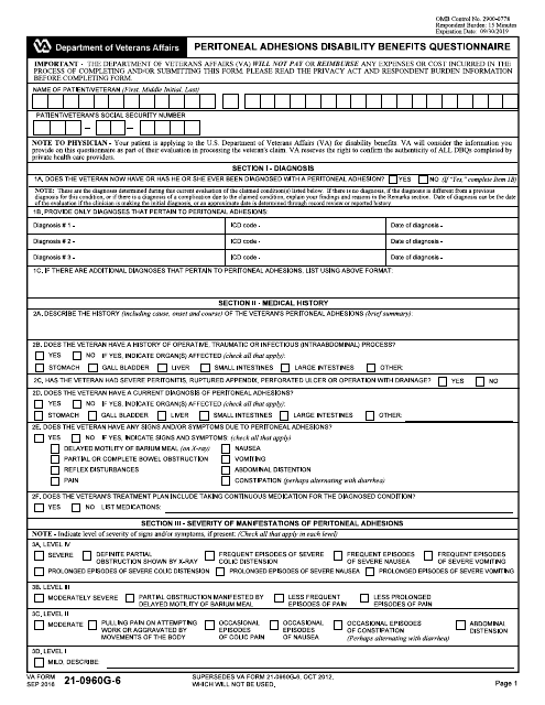 VA Form 21-0960G-6 Peritoneal Adhesions Disability Benefits Questionnaire