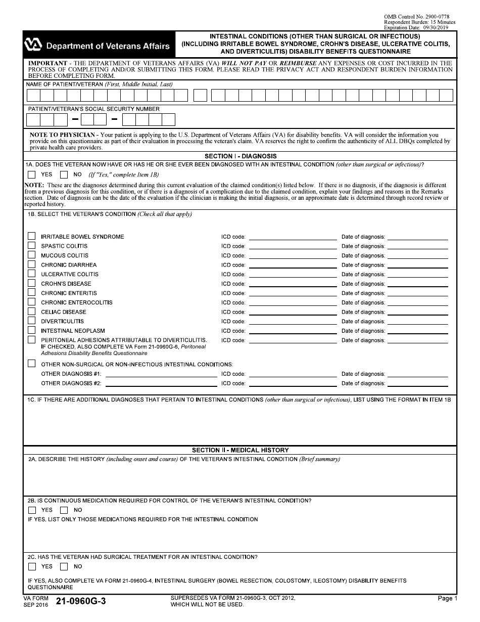 VA Form 21-0960-G3 Intestinal Conditions (Other Than Surgical or Infectious) (Including Irritable Bowel Syndrome, Crohns Disease, Ulcerative Colitis, and Diverticulitis) Disability Benefits Questionnaire, Page 1