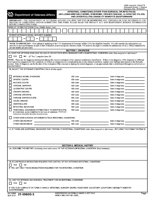 VA Form 21-0960-G3 Intestinal Conditions (Other Than Surgical or Infectious) (Including Irritable Bowel Syndrome, Crohn's Disease, Ulcerative Colitis, and Diverticulitis) Disability Benefits Questionnaire