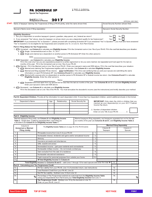 Form PA-40 Schedule SP 2017 Printable Pdf