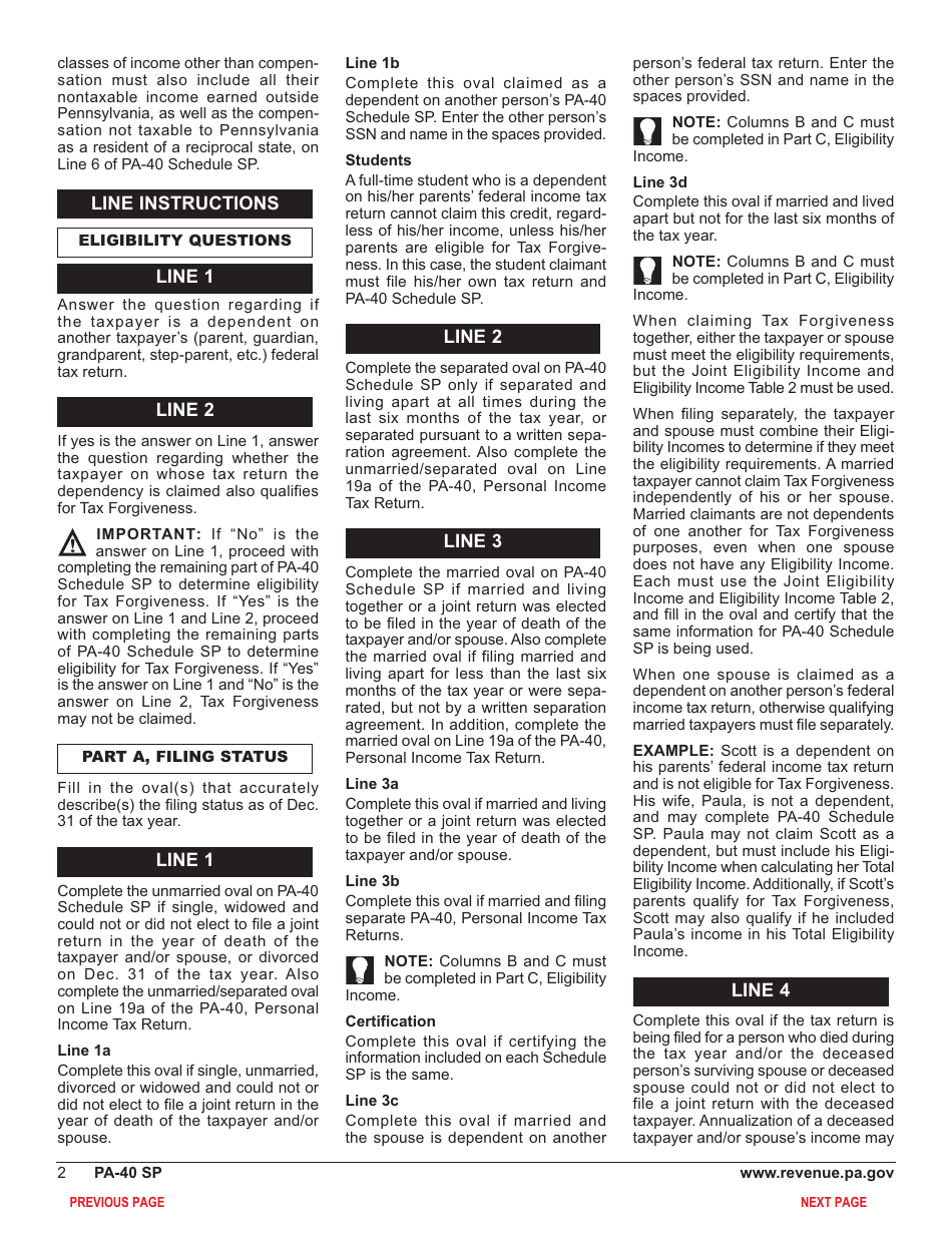 Form PA-40 Schedule SP Special Tax Forgiveness - Pennsylvania, Page 4