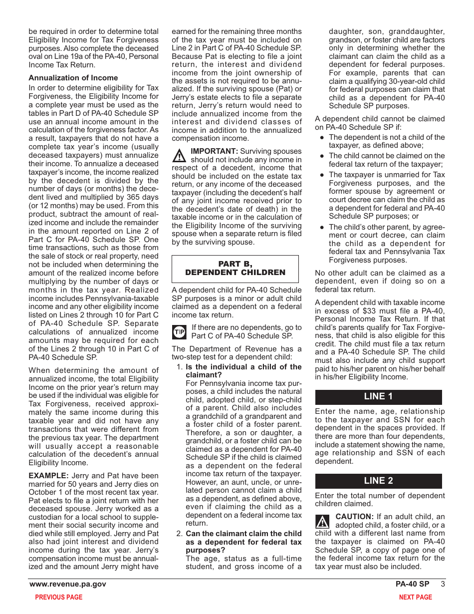 Form PA-40 Schedule SP Special Tax Forgiveness - Pennsylvania, Page 5