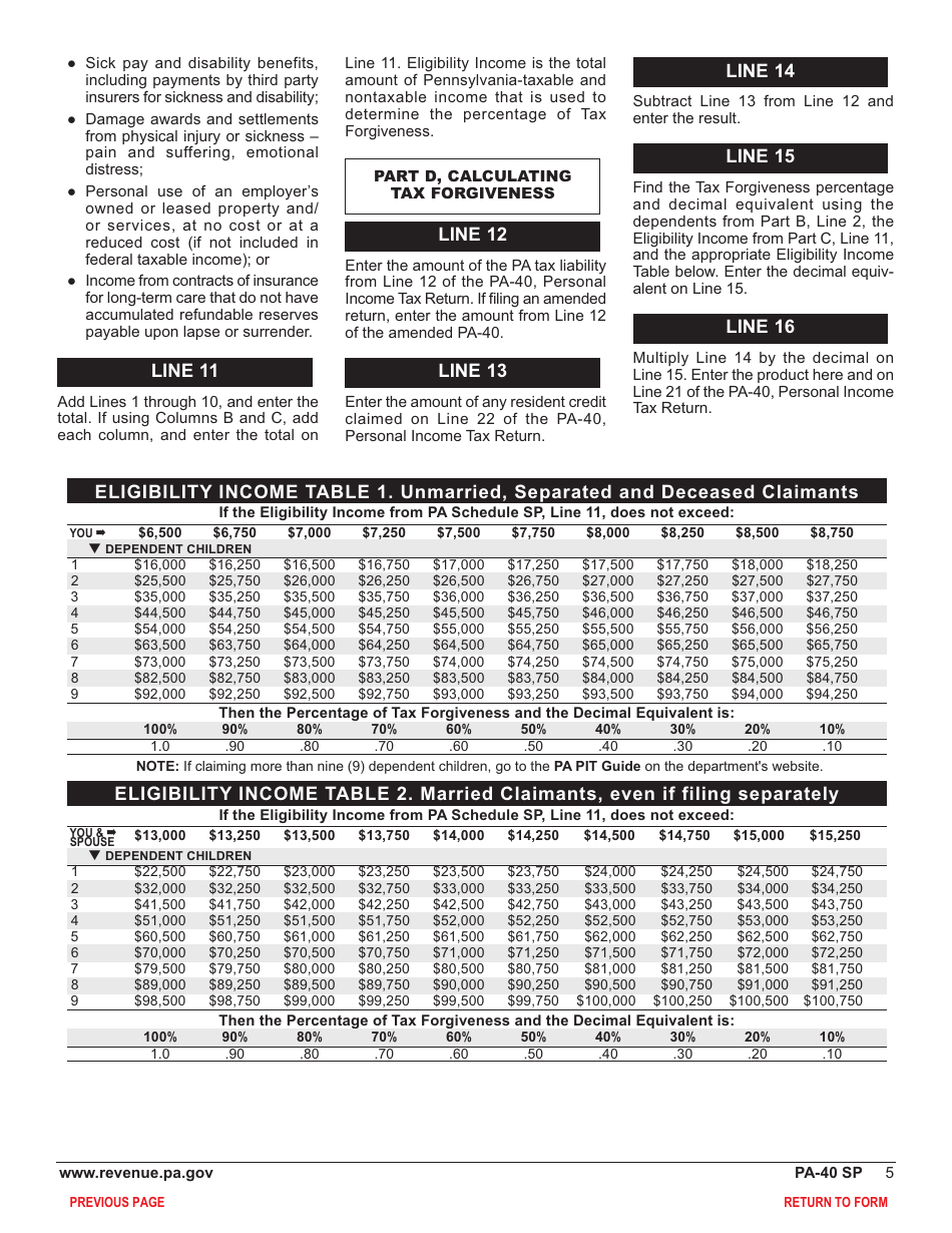 Form PA-40 Schedule SP Special Tax Forgiveness - Pennsylvania, Page 7