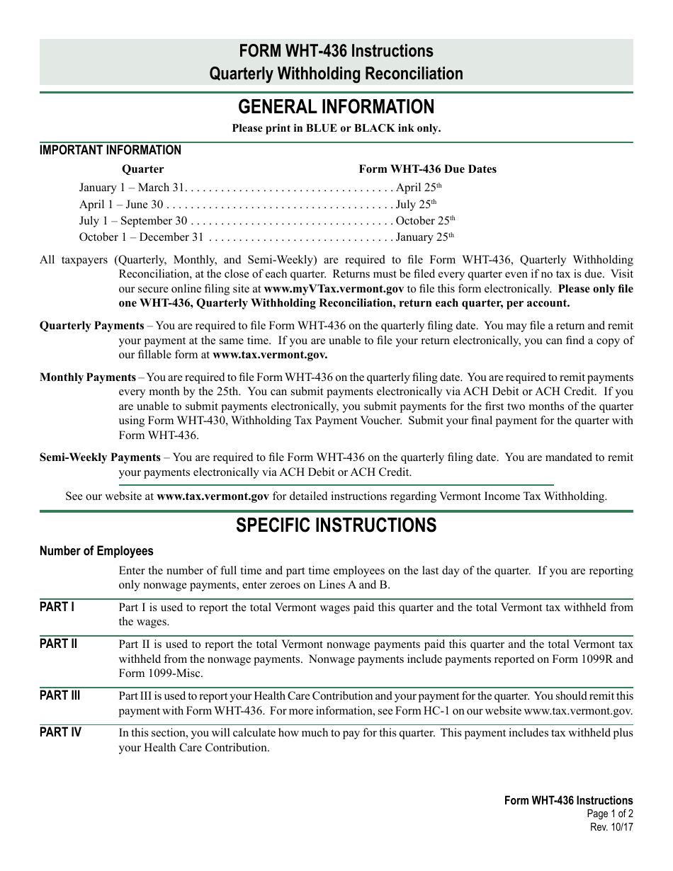 Instructions for VT Form WHT-436 Quarterly Withholding Reconciliation - Vermont, Page 1