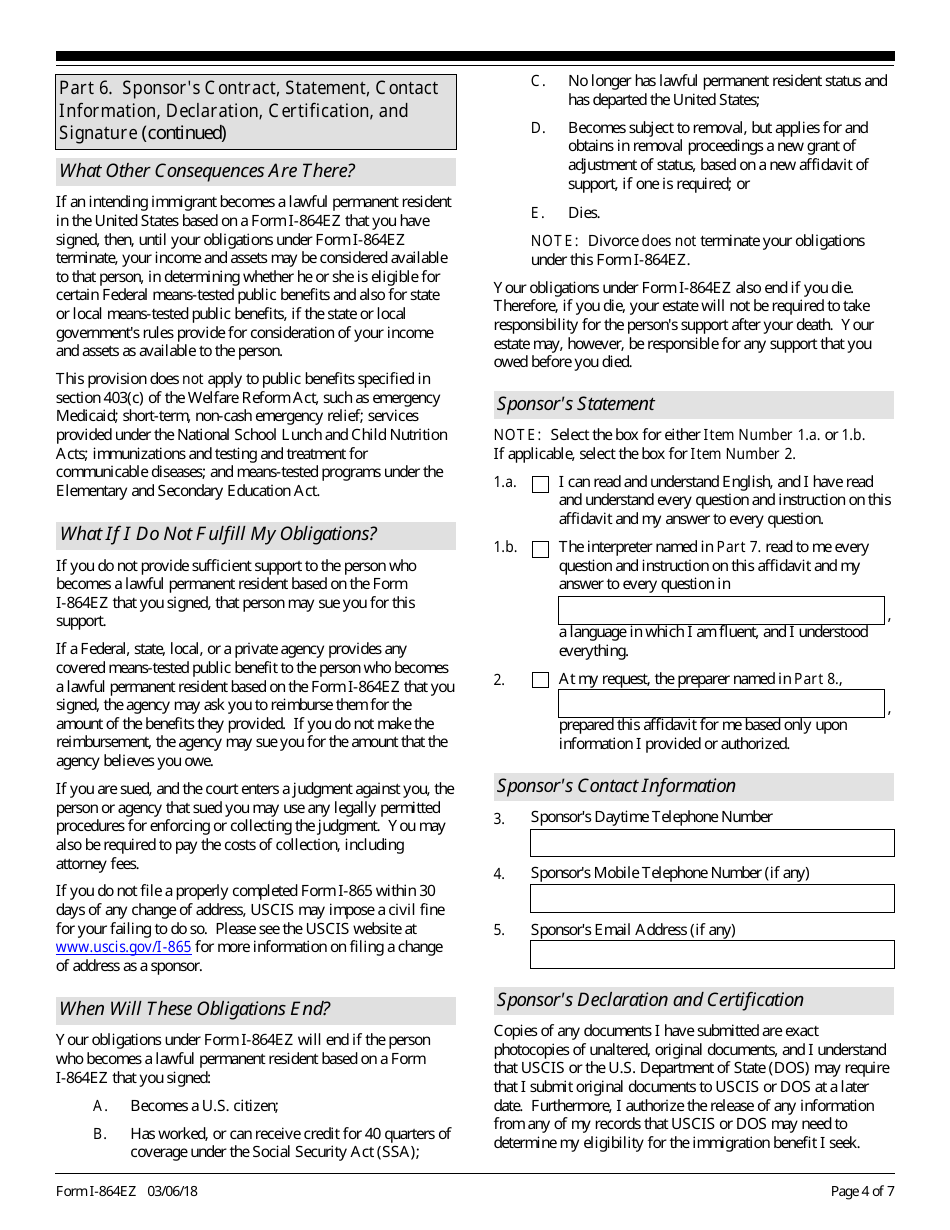 USCIS Form I-864EZ Affidavit of Support Under Section 213a of the Ina, Page 4