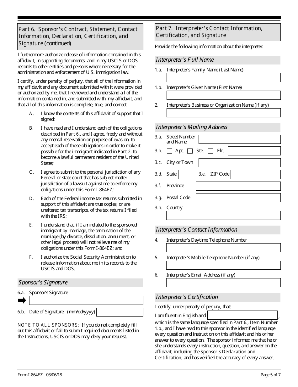 USCIS Form I-864EZ Affidavit of Support Under Section 213a of the Ina, Page 5