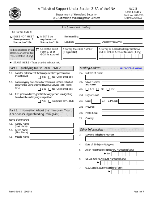 USCIS Form I-864EZ  Printable Pdf