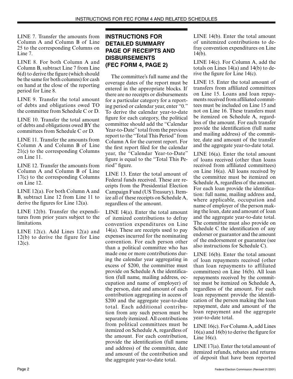 Instructions for FEC Form 4 Report of Receipts and Disbursements for a Committee or Organization Supporting a Nominating Convention, Page 2