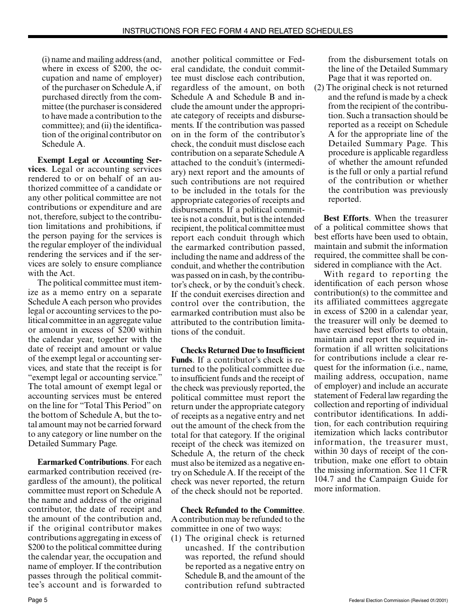 Instructions for FEC Form 4 Report of Receipts and Disbursements for a Committee or Organization Supporting a Nominating Convention, Page 5