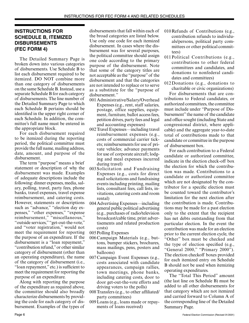 Instructions for FEC Form 4 Report of Receipts and Disbursements for a Committee or Organization Supporting a Nominating Convention, Page 6