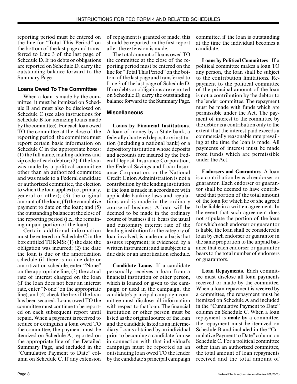 Instructions for FEC Form 4 Report of Receipts and Disbursements for a Committee or Organization Supporting a Nominating Convention, Page 8