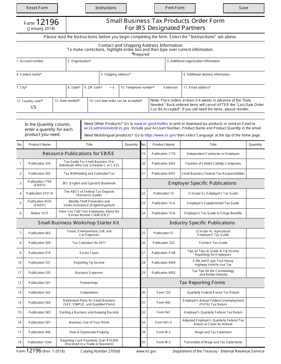 IRS Form 12196 Small Business Tax Products Order Form for IRS Designated Partners, Page 1