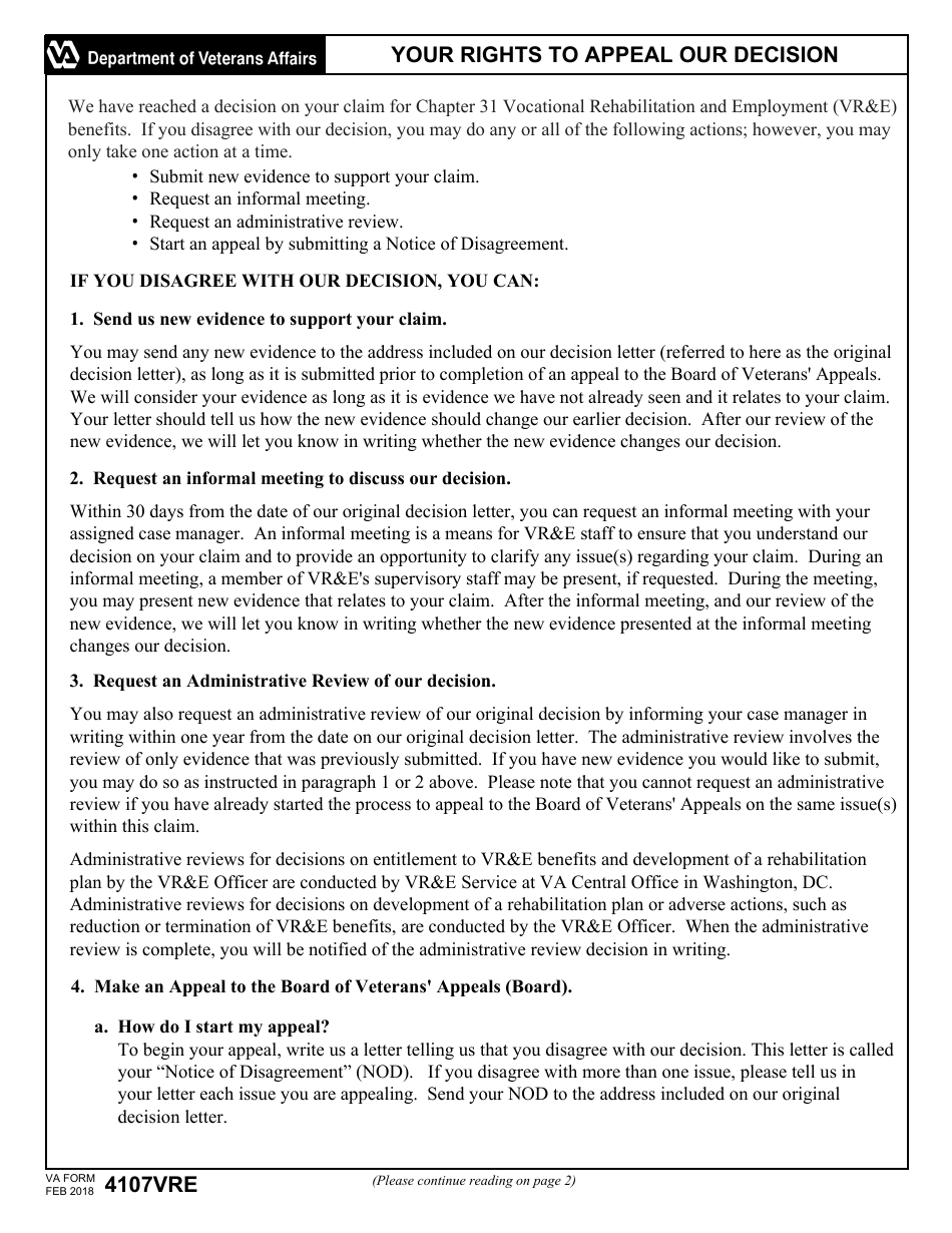 VA Form 4107VRE Your Rights to Appeal Our Decision, Page 1